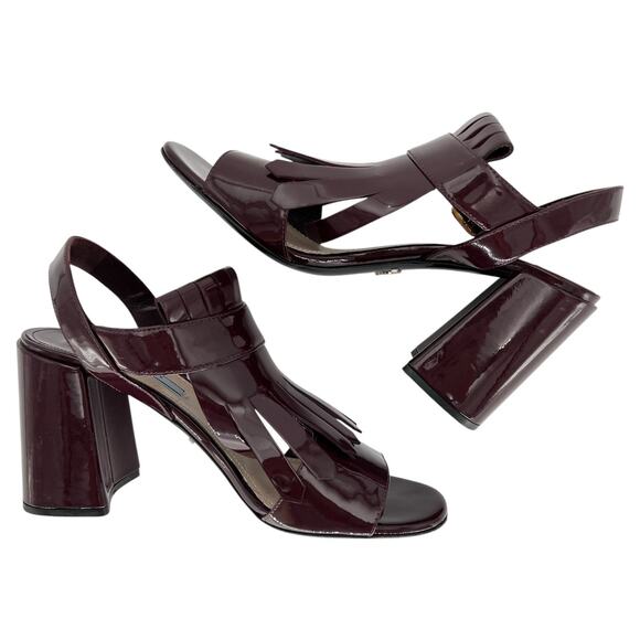 PRADA Patent Leather Fringe Trim Kiltie Buckle Sandals EU 39.5 US 9.5 Block Heel - Picture 5 of 11